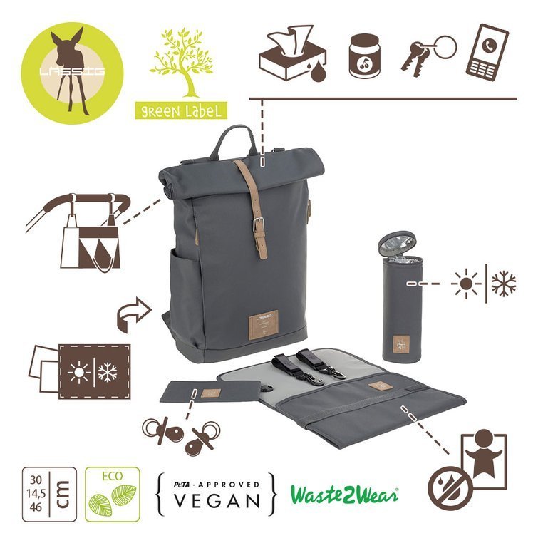 Lassig, Green Label Plecak dla mam z akcesoriami Rolltop Backpack Anthracite Lassig, Green Label Plecak dla mam z akcesoriami Rolltop Backpack Anthracite