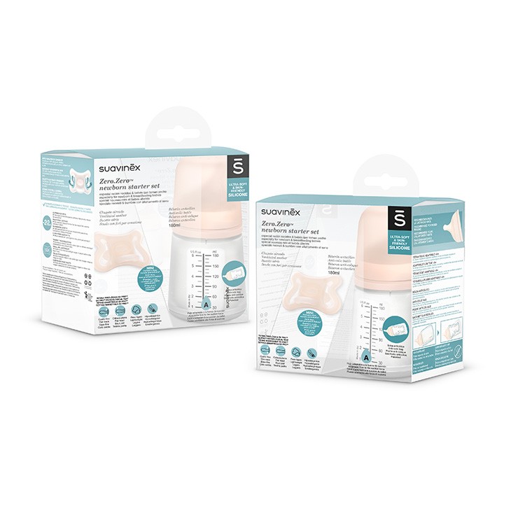 Suavinex, Zestaw startowy Zero - Butelka 180ml regulowany przepływ + smoczek -2-2M Suavinex, Zestaw startowy Zero - Butelka 180ml regulowany przepływ + smoczek -2-2M