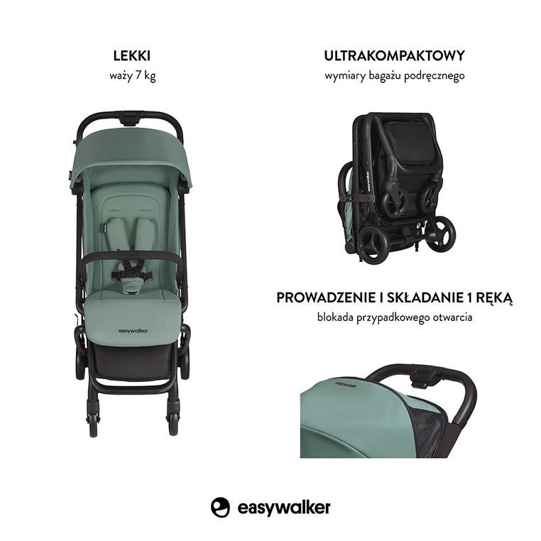 Easywalker, Miley Kompaktowy wózek spacerowy ze zintegrowaną torbą transportową Coral Green Easywalker, Miley Kompaktowy wózek spacerowy ze zintegrowaną torbą transportową Coral Green
