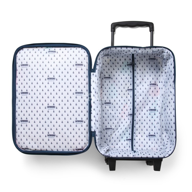 Walizka na kółkach i nóżkach biało - granatowa w gruszki
