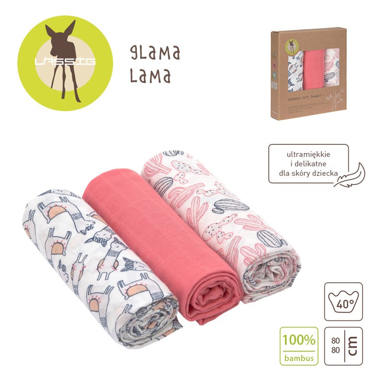 Lassig, Bambusowy Otulacz-Kocyk 80x80cm Zestaw 3 szt. Glama Lama coral