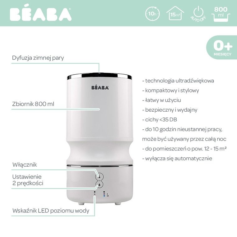 Beaba, Ultradźwiękowy nawilżacz powietrza White Beaba, Ultradźwiękowy nawilżacz powietrza White