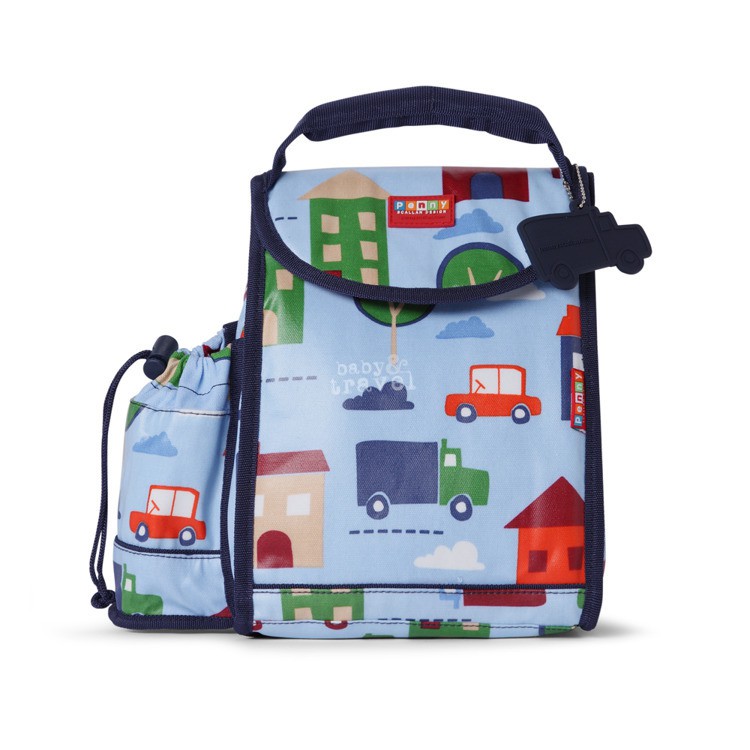 Plecak lunchbox z osobną kieszonką na picie błękitny w autka