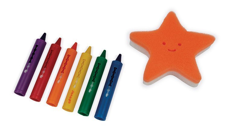 Janod, Kredki do kąpieli 6 kolorów z gąbką 3+ Janod, Kredki do kąpieli 6 kolorów z gąbką 3+