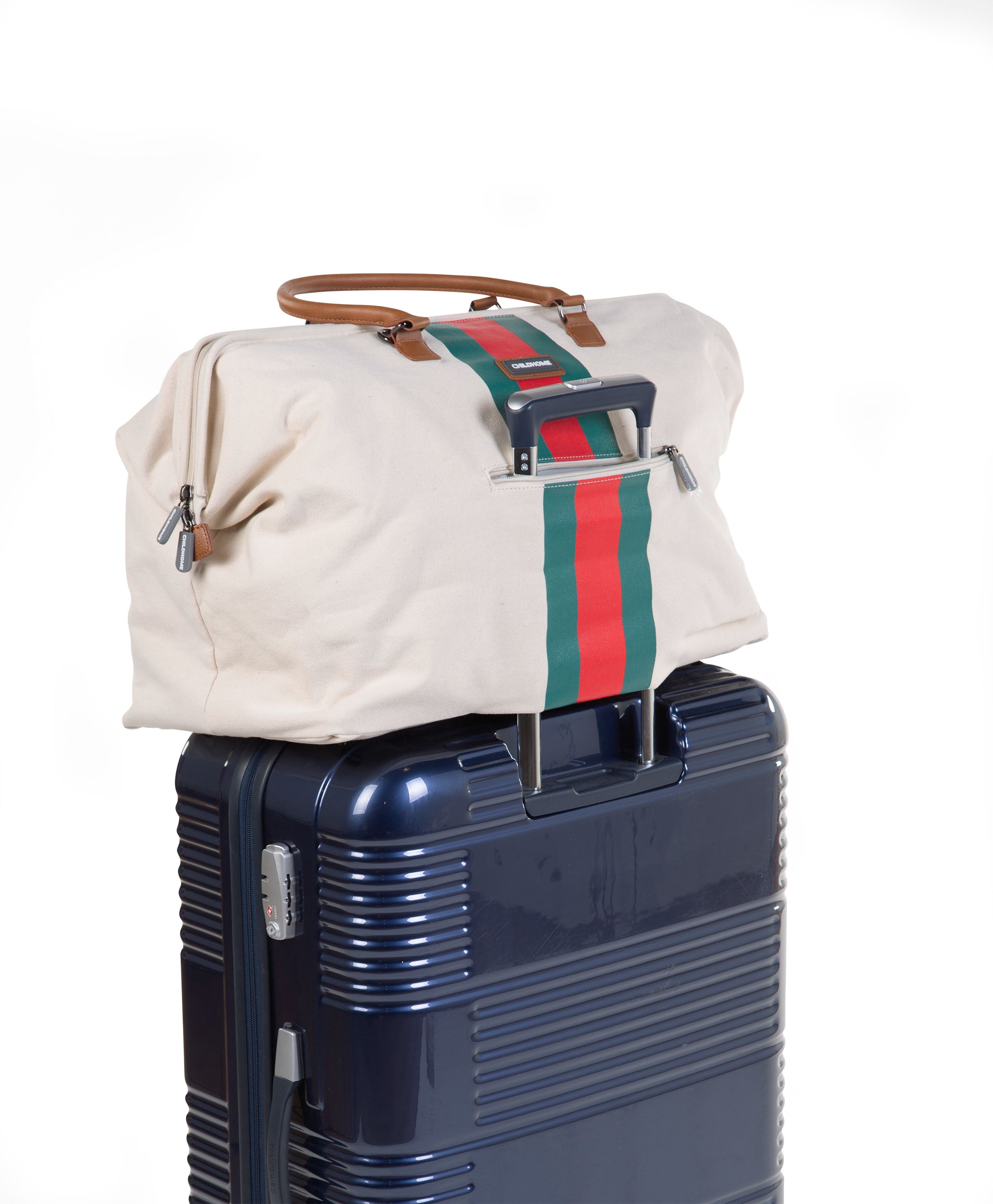 Childhome, Torba Mommy Bag beżowa paski zielono-czerwone Childhome, Torba Mommy Bag beżowa paski zielono-czerwone