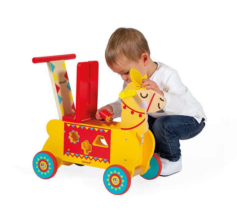 Janod, Jeździk i pchacz 2 w 1 z sorterem kształtów Lama Janod, Jeździk i pchacz 2 w 1 z sorterem kształtów Lama