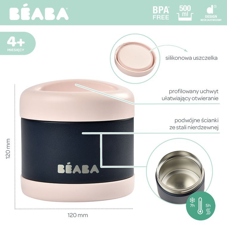 Beaba, Pojemnik - termos obiadowy ze stali nierdzewnej z hermetycznym zamknięciem duży 500 ml light pink/night blue Beaba, Pojemnik - termos obiadowy ze stali nierdzewnej z hermetycznym zamknięciem duży 500 ml light pink/night blue