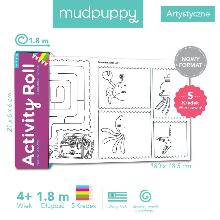 Mudpuppy, Łamigłówki kolorowanki w rolce 1,8 m z 5 kredkami Zatoka Syren 4+
