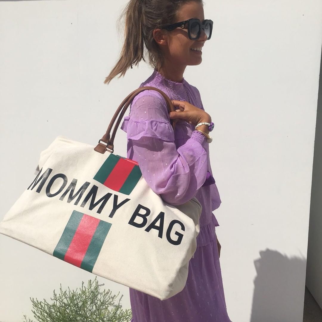 Childhome, Torba Mommy Bag beżowa paski zielono-czerwone Childhome, Torba Mommy Bag beżowa paski zielono-czerwone