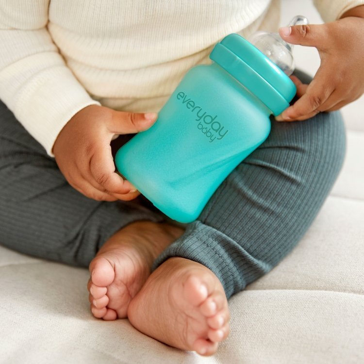 Everyday Baby, Szklana butelka ze smoczkiem S reagująca na temperaturę, 150ml - turkusowa