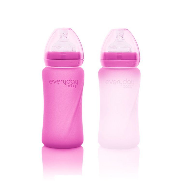 Everyday Baby, Szklana butelka ze smoczkiem M reagująca na temperaturę, 240 ml - wiśniowa Everyday Baby, Szklana butelka ze smoczkiem M reagująca na temperaturę, 240 ml - wiśniowa