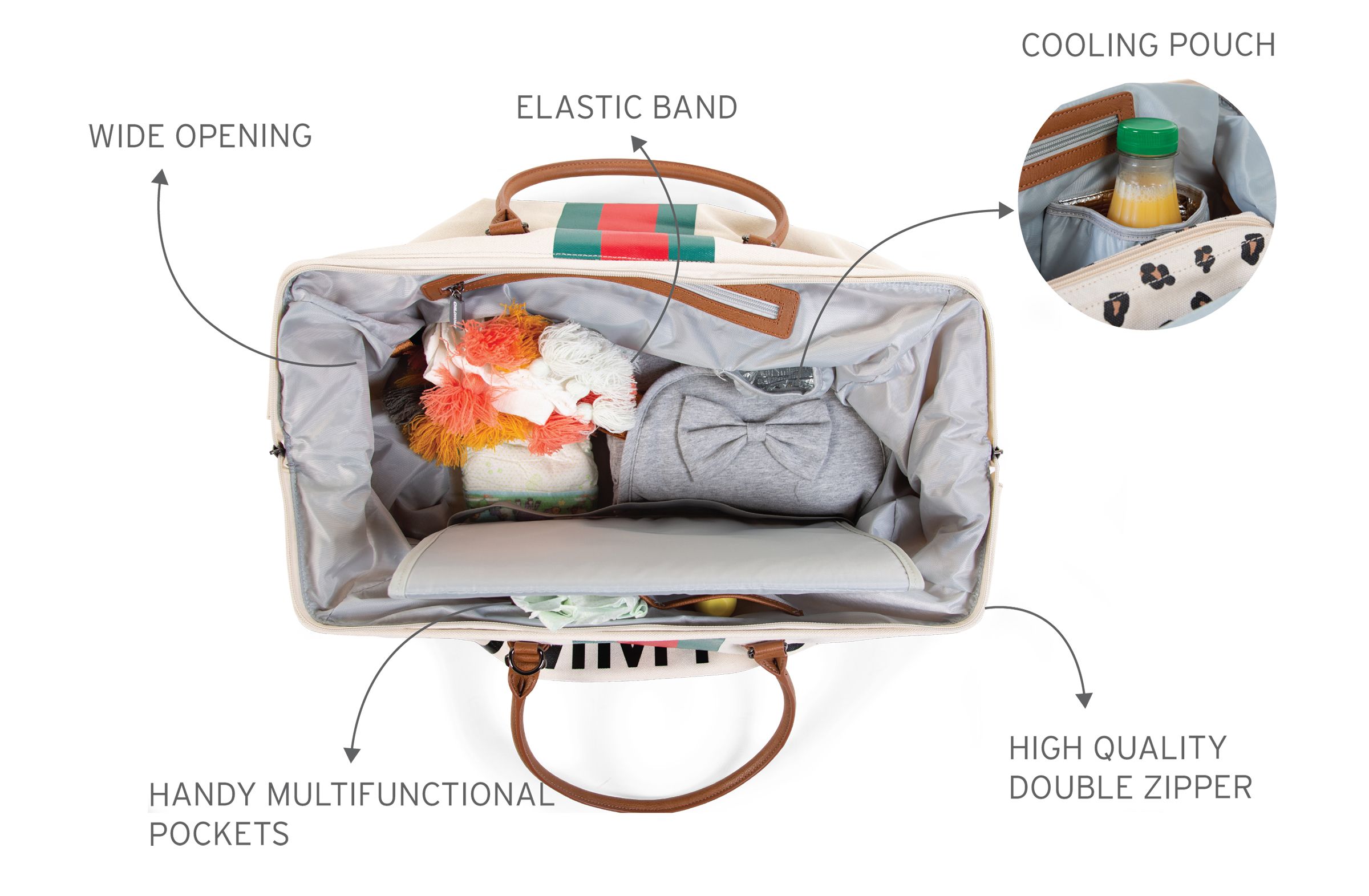 Childhome, Torba Mommy Bag beżowa paski zielono-czerwone Childhome, Torba Mommy Bag beżowa paski zielono-czerwone