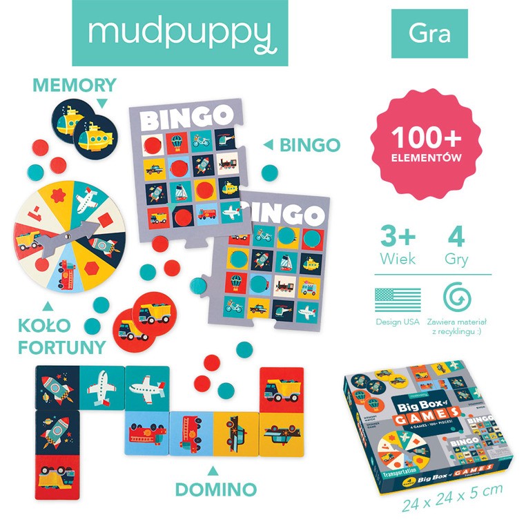 Mudpuppy, Zestaw 4 gier – Memo, Bingo, Domino i Koło fortuny Transport Mudpuppy, Zestaw 4 gier – Memo, Bingo, Domino i Koło fortuny Transport