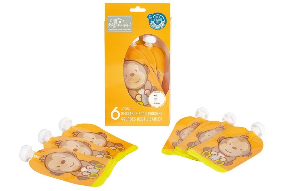 Fill'n Squeeze, Wielorazowe saszetki z podwójnym zipem 6 szt., wzór Wesoła Małpka