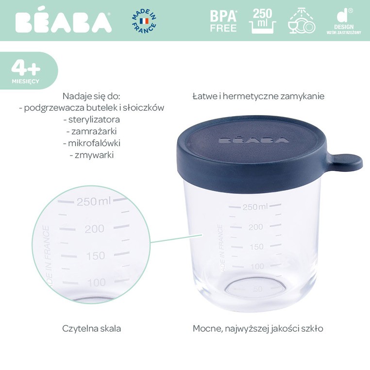 Beaba, Pojemnik słoiczek szklany z hermetycznym zamknięciem 250 ml dark blue