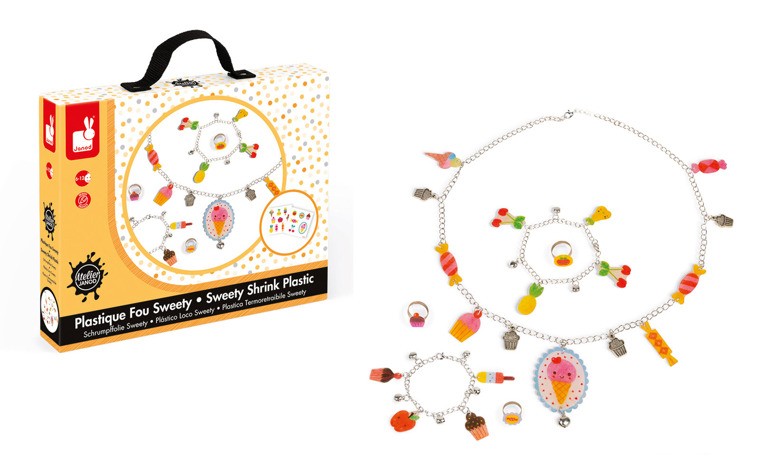 Janod, Zestaw artystyczny do tworzenia biżuterii z kurczliwego plastiku Słodkości