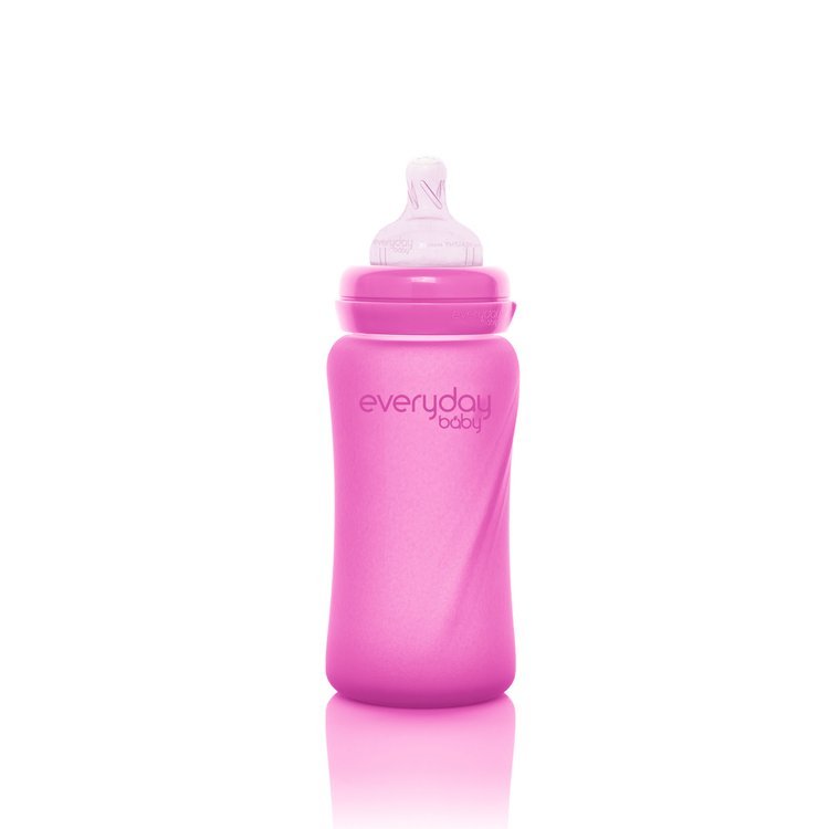 Everyday Baby, Szklana butelka ze smoczkiem M reagująca na temperaturę, 240 ml - wiśniowa Everyday Baby, Szklana butelka ze smoczkiem M reagująca na temperaturę, 240 ml - wiśniowa