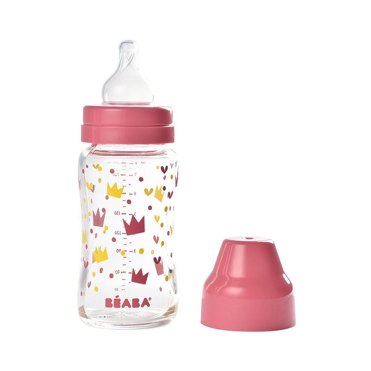 Beaba, Butelka szklana szerokootworowa 240 ml Yellow / Pink Crown Beaba, Butelka szklana szerokootworowa 240 ml Yellow / Pink Crown