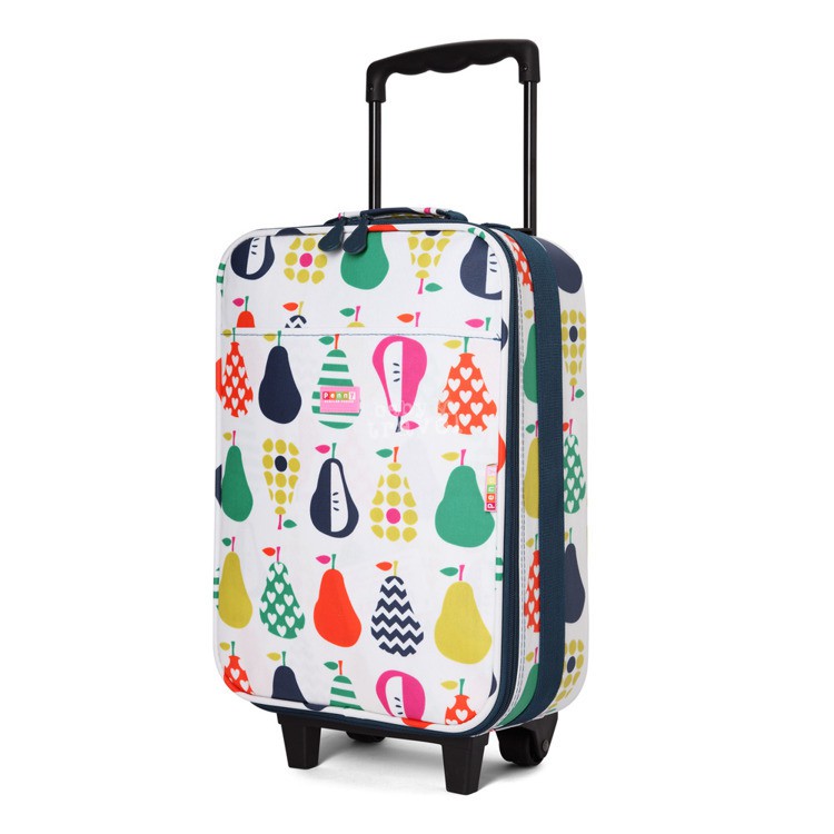 Walizka na kółkach i nóżkach biało - granatowa w gruszki