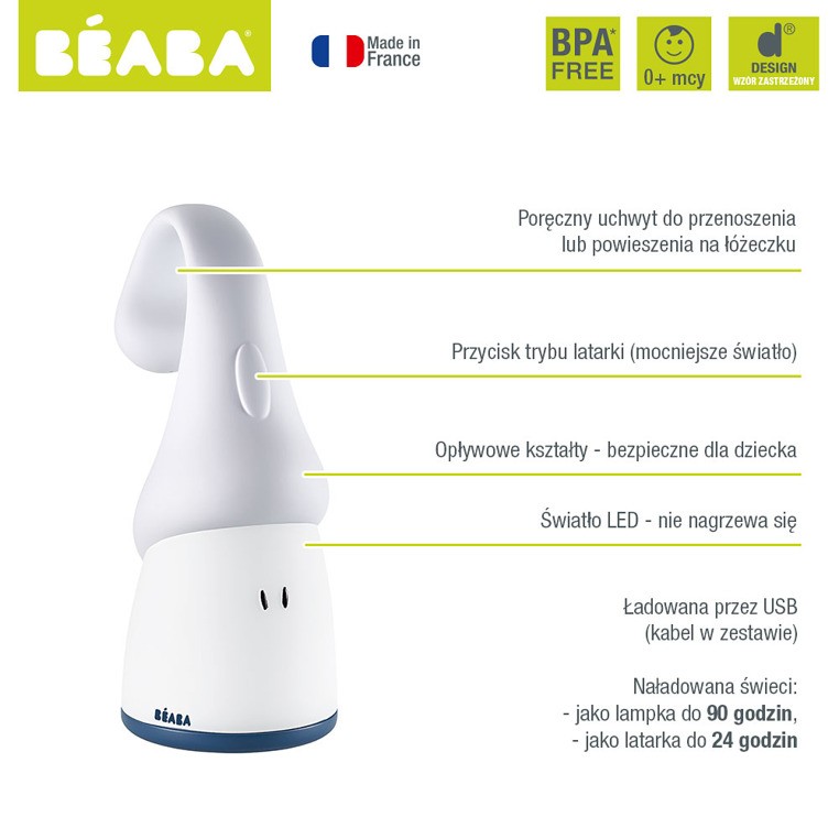 Beaba, Lampka nocna LED przenośna z latarką Pixie 90h świecenia Mineral