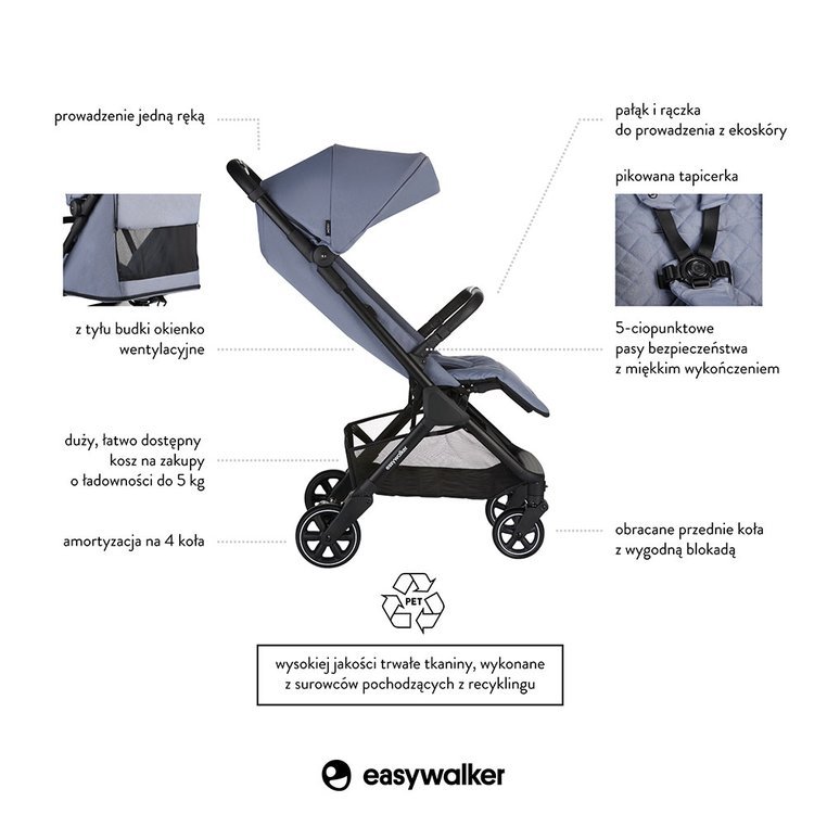 Easywalker, Jackey Kompaktowy, samoskładający się wózek spacerowy z torbą transportową Steel Grey Easywalker, Jackey Kompaktowy, samoskładający się wózek spacerowy z torbą transportową Steel Grey