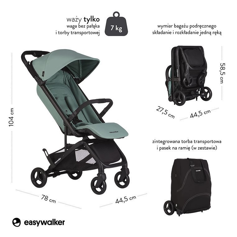 Easywalker, Miley Kompaktowy wózek spacerowy ze zintegrowaną torbą transportową Coral Green Easywalker, Miley Kompaktowy wózek spacerowy ze zintegrowaną torbą transportową Coral Green
