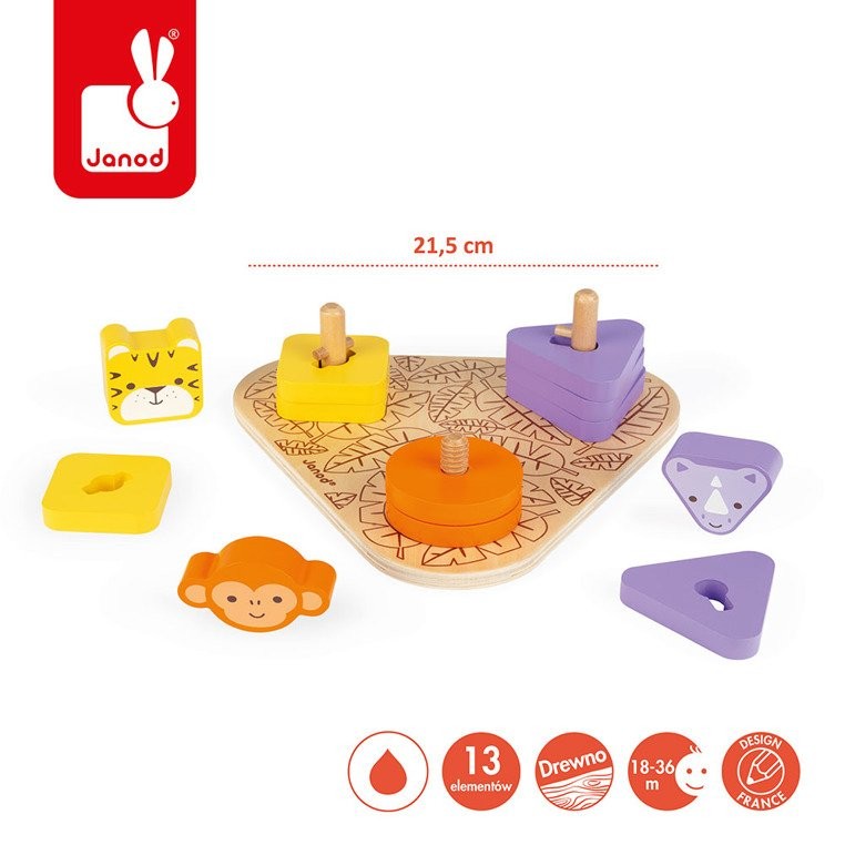 Janod, Układanka drewniana piramida Uczę się używać narzędzi Afryka Janod, Układanka drewniana piramida Uczę się używać narzędzi Afryka
