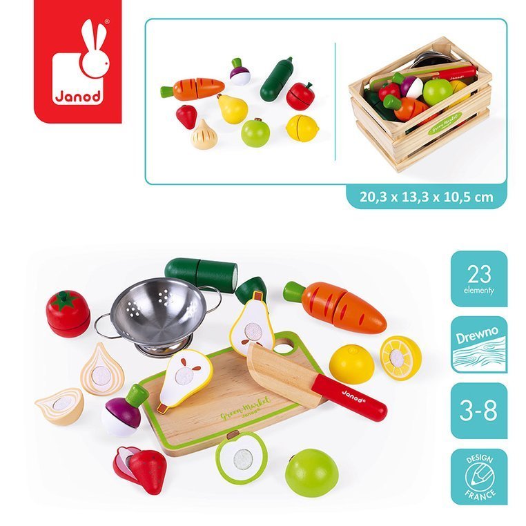 Janod, Drewniana skrzynka z warzywami i owocami do krojenia oraz akcesoriami 23 elementy Janod, Drewniana skrzynka z warzywami i owocami do krojenia oraz akcesoriami 23 elementy