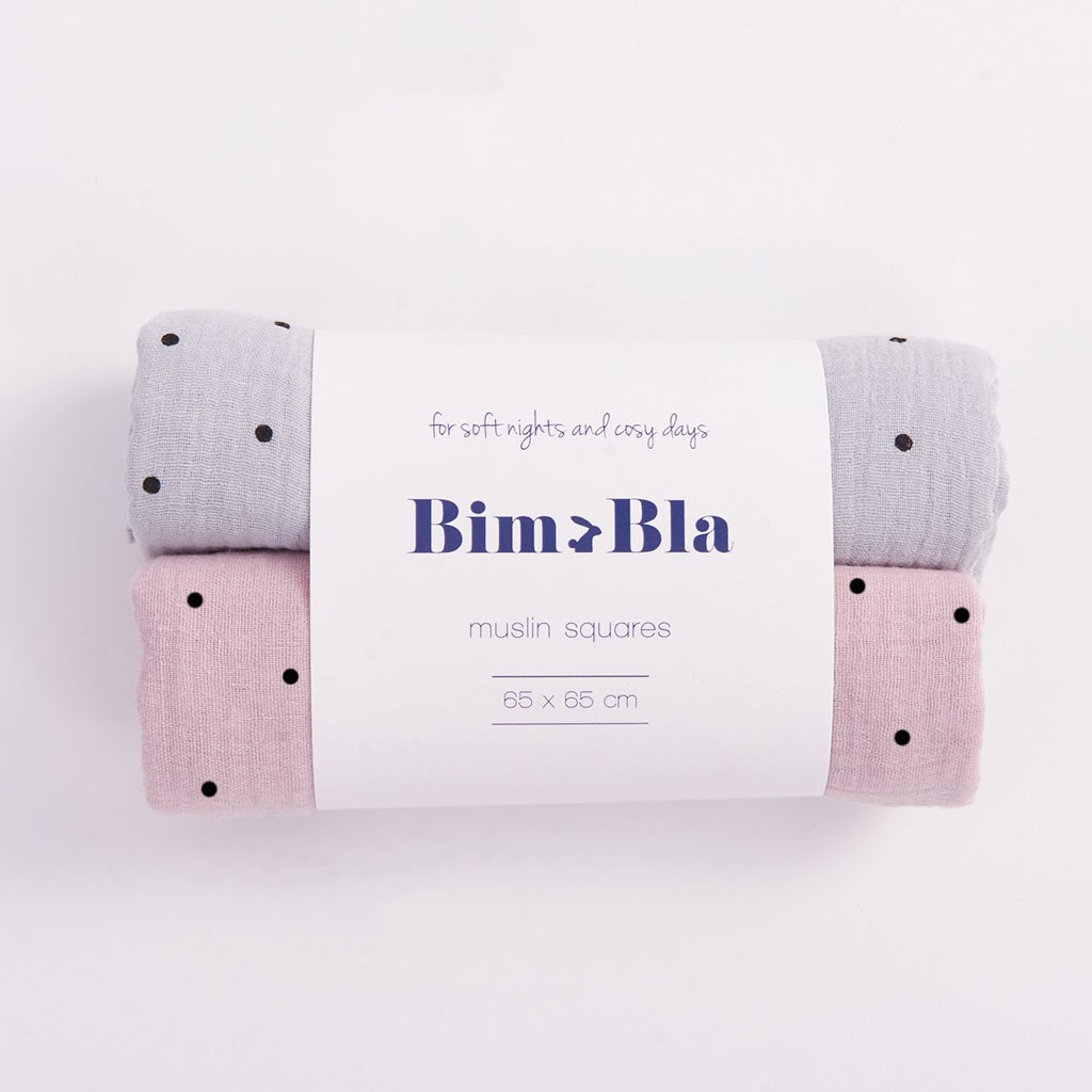 Bimbla, Zestaw muślinowych pieluszek w kropeczki szaro-różowy