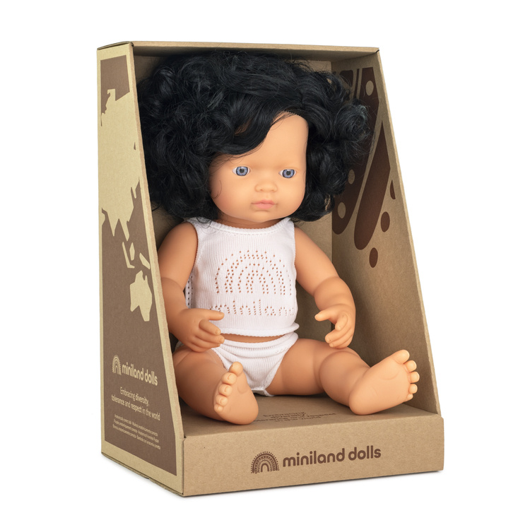 Miniland Doll, Lalka dziewczynka Europejka | Czarne Kręcone Włosy | 38 cm