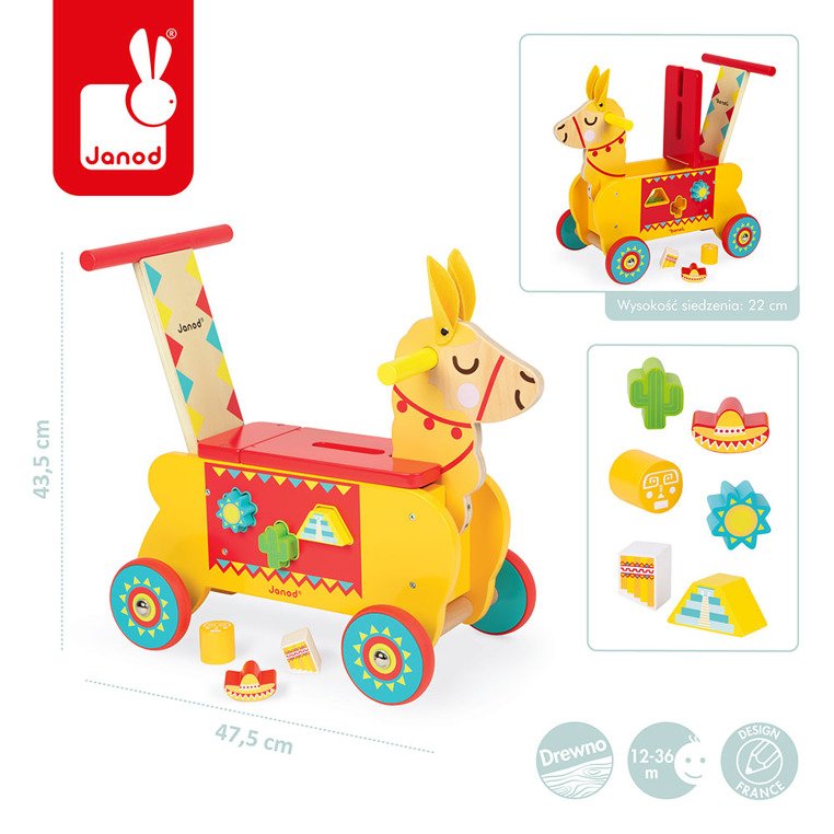 Janod, Jeździk i pchacz 2 w 1 z sorterem kształtów Lama Janod, Jeździk i pchacz 2 w 1 z sorterem kształtów Lama