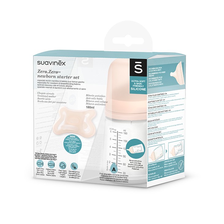 Suavinex, Zestaw startowy Zero - Butelka 180ml regulowany przepływ + smoczek -2-2M Suavinex, Zestaw startowy Zero - Butelka 180ml regulowany przepływ + smoczek -2-2M