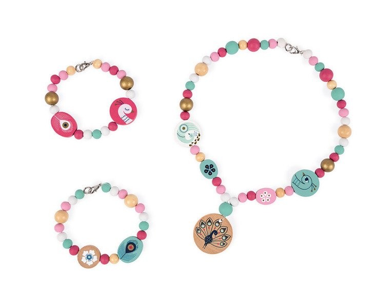 Janod, Zestaw do tworzenia biżuterii Drewniane koraliki z efektem złota Pawie