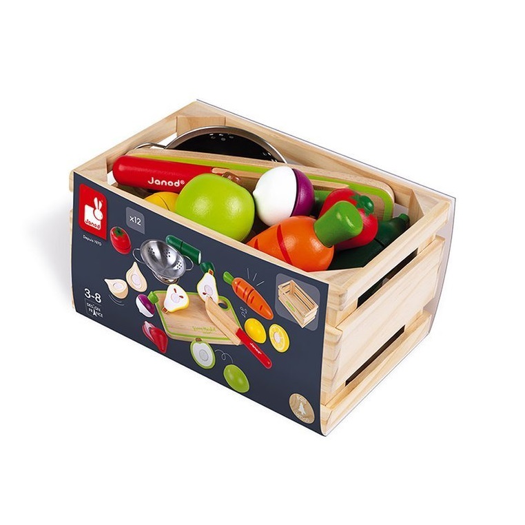 Janod, Drewniana skrzynka z warzywami i owocami do krojenia oraz akcesoriami 23 elementy Janod, Drewniana skrzynka z warzywami i owocami do krojenia oraz akcesoriami 23 elementy
