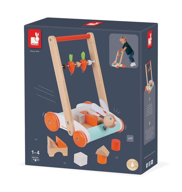 Janod, Wózek pchacz drewniany z 19 klockami Królik 1-4 lata Janod, Wózek pchacz drewniany z 19 klockami Królik 1-4 lata