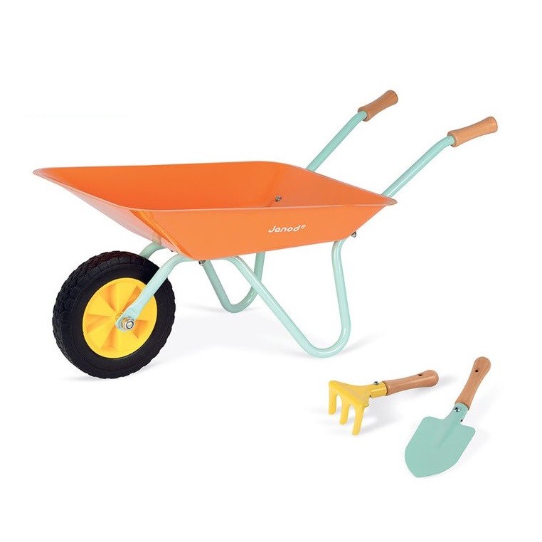 Janod, Mały ogrodnik Zestaw narzędzi ogrodowych z pomarańczową taczką kolekcja 2019
