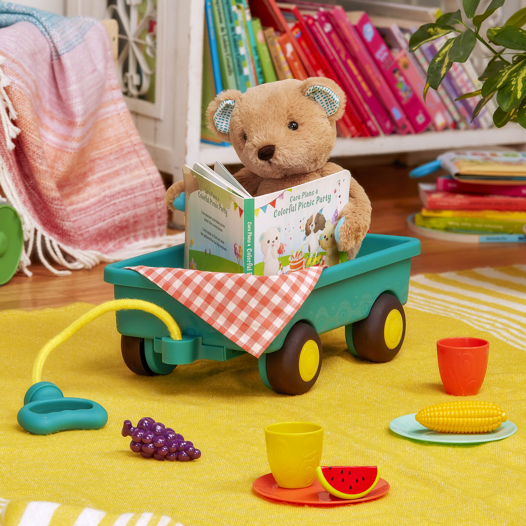 Btoys, HappyHues Cara-Mellow Bear Playset- wagonik z misiem, książką i zestawem piknikowym