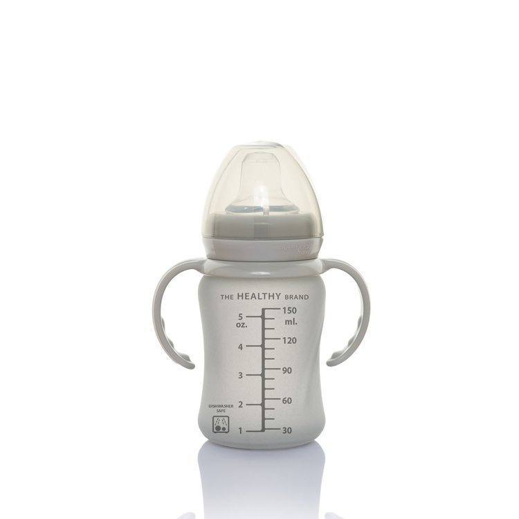 Everyday Baby, Szklana butelka z ustnikiem niekapkiem i rączkami, 150 ml - szara Everyday Baby, Szklana butelka z ustnikiem niekapkiem i rączkami, 150 ml - szara