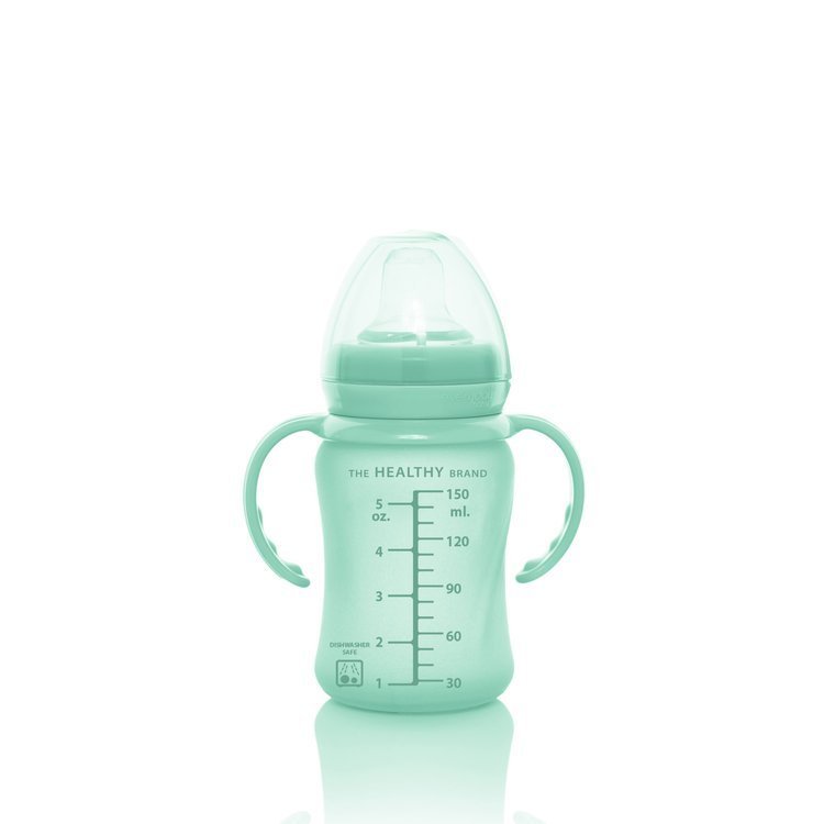 Everyday Baby, Szklana butelka z ustnikiem niekapkiem i rączkami, 150 ml - miętowa