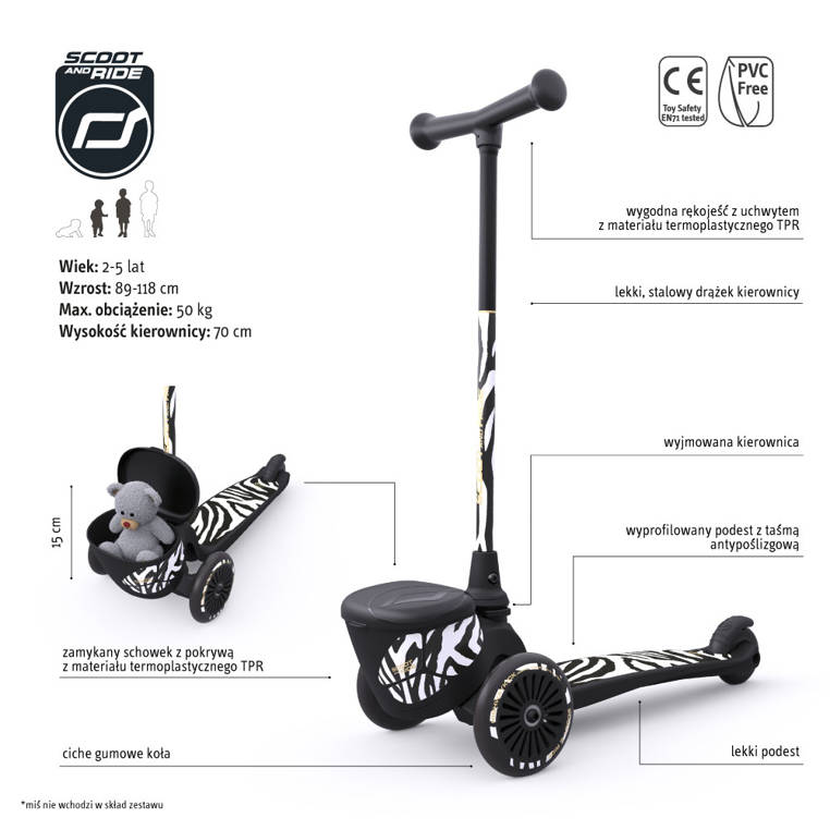 Scootandride, Highwaykick 2 Lifestyle Hulajnoga trójkołowa balansowa z zamykanym schowkiem 2+ Zebra Scootandride, Highwaykick 2 Lifestyle Hulajnoga trójkołowa balansowa z zamykanym schowkiem 2+ Zebra