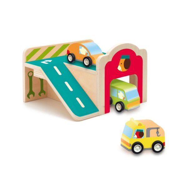 Djeco, drewniany garaż z autami