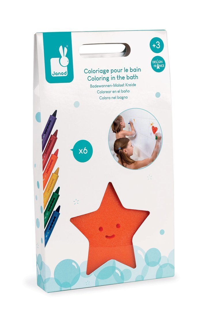 Janod, Kredki do kąpieli 6 kolorów z gąbką 3+ Janod, Kredki do kąpieli 6 kolorów z gąbką 3+