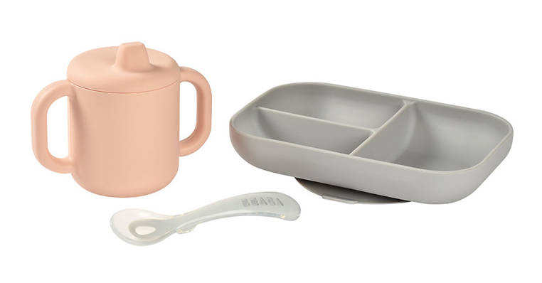 Beaba, Komplet naczyń z silikonu trójdzielny talerz z przyssawką + kubeczek z pokrywką z ustnikiem + łyżeczka Pink Beaba, Komplet naczyń z silikonu trójdzielny talerz z przyssawką + kubeczek z pokrywką z ustnikiem + łyżeczka Pink