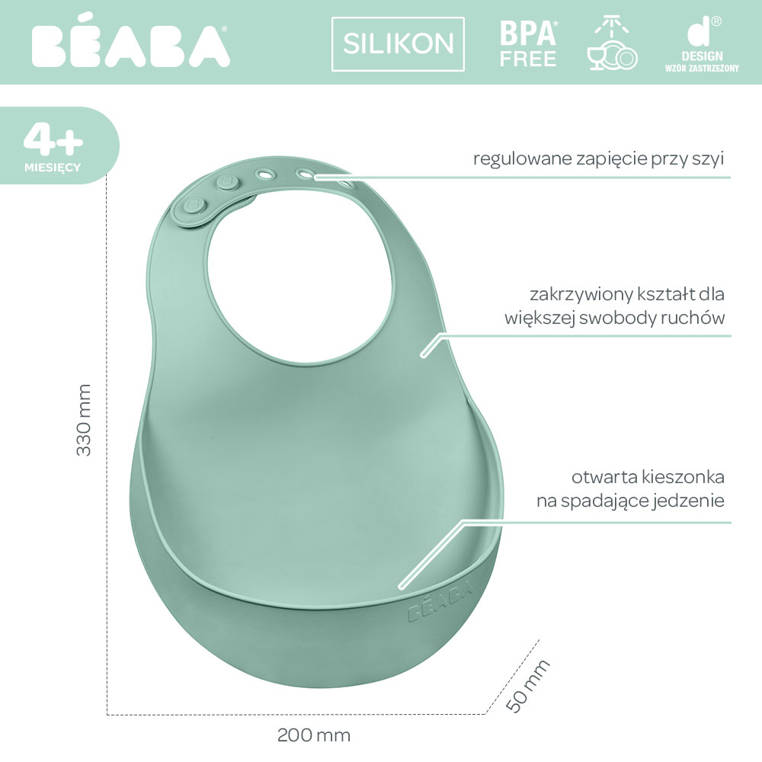 Beaba, Śliniak silikonowy z kieszonką sage green