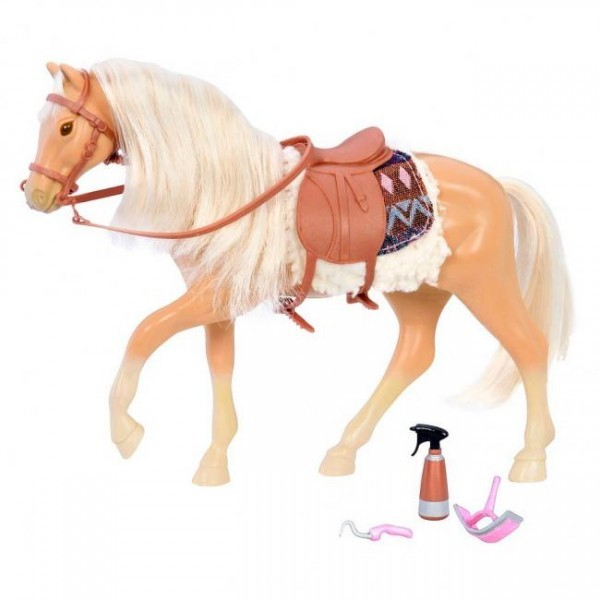 Lori, Jasnobrązowy koń rasy American Quarter Horse z akcesoriami do pielęgnacji Lori, Jasnobrązowy koń rasy American Quarter Horse z akcesoriami do pielęgnacji