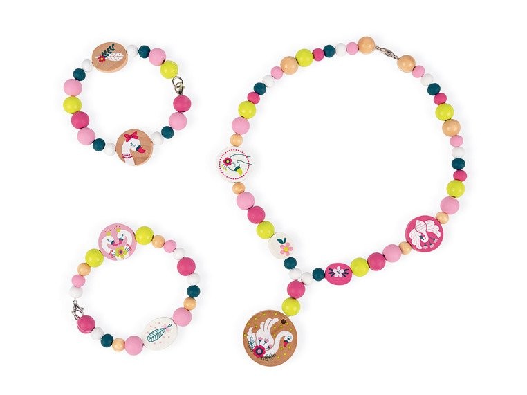Janod, Zestaw do tworzenia biżuterii Drewniane koraliki z elementami fluorescencyjnymi Łabędzie