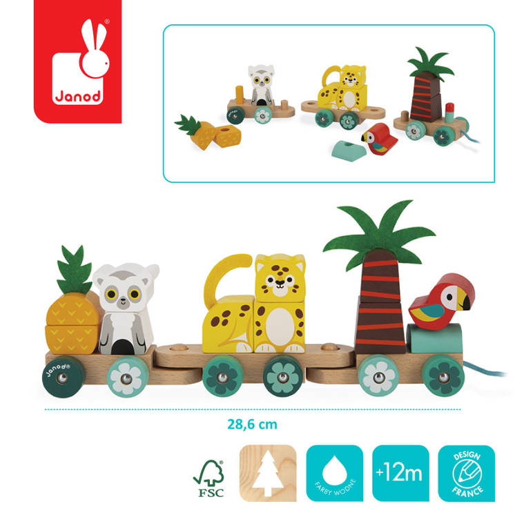 Janod, Pociąg z klockami i zwierzątkami do ciągnięcia Tropik 12m+