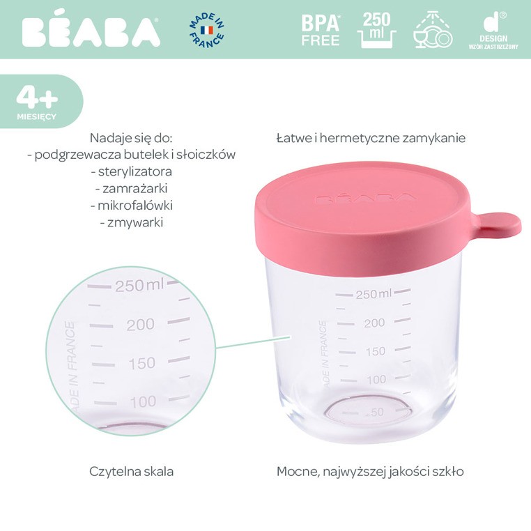 Beaba, Pojemnik słoiczek szklany z hermetycznym zamknięciem 250 ml dark pink