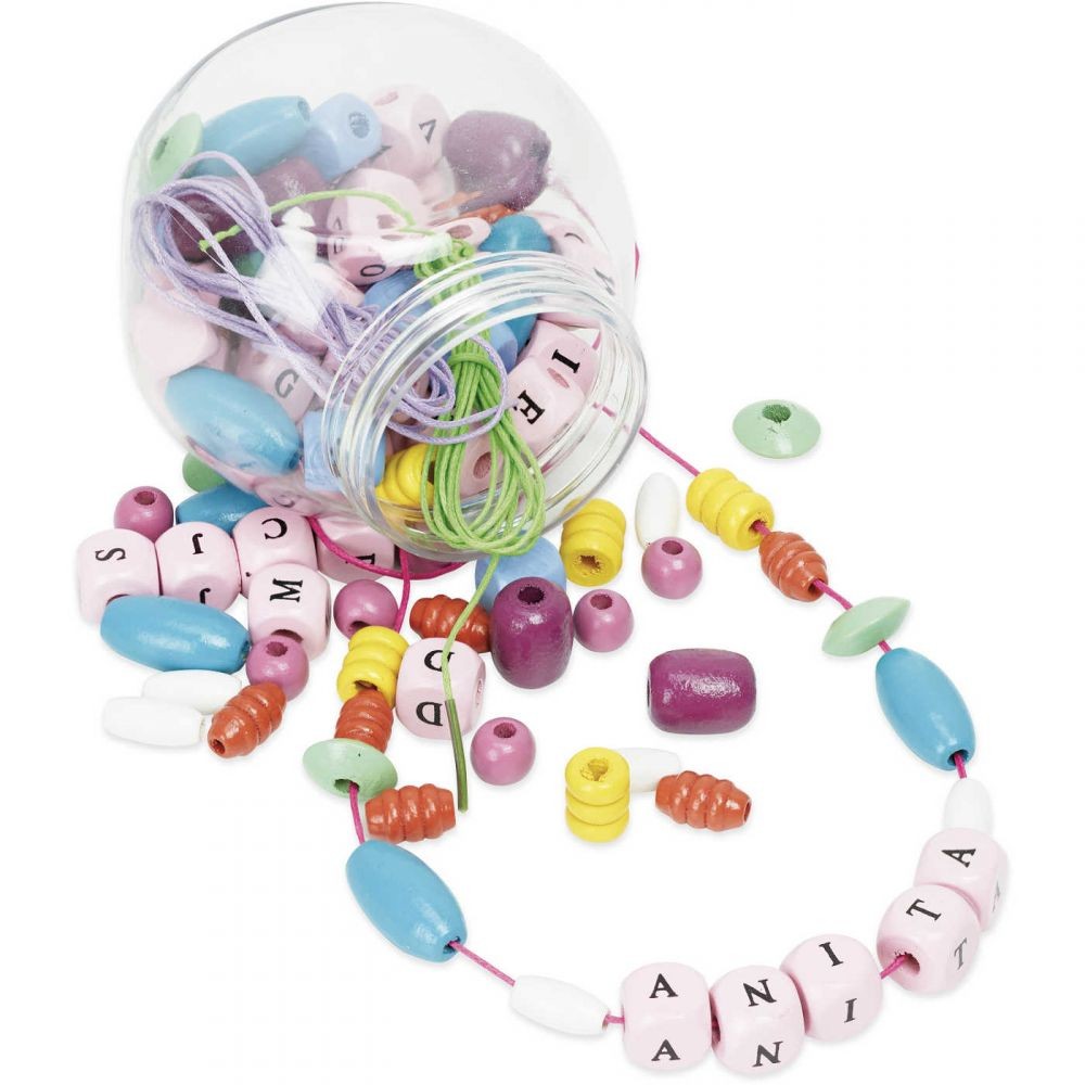 Vilac, Koraliki do nawlekania drewniane 126 sztuk w słoiku