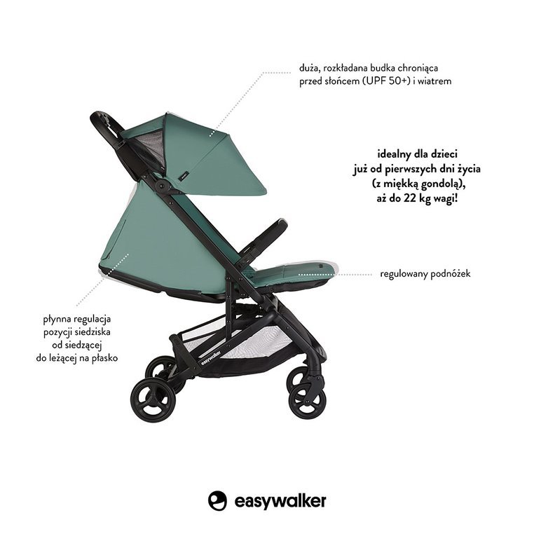 Easywalker, Miley Kompaktowy wózek spacerowy ze zintegrowaną torbą transportową Coral Green Easywalker, Miley Kompaktowy wózek spacerowy ze zintegrowaną torbą transportową Coral Green